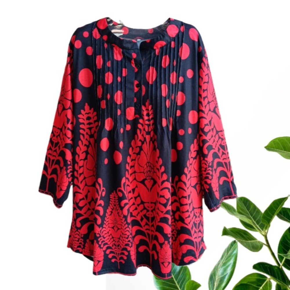 Womens Top Blouse Tunic 3/4 Sleeves Front Pintucks Red Black Size 2XL - Picture 2 of 9
